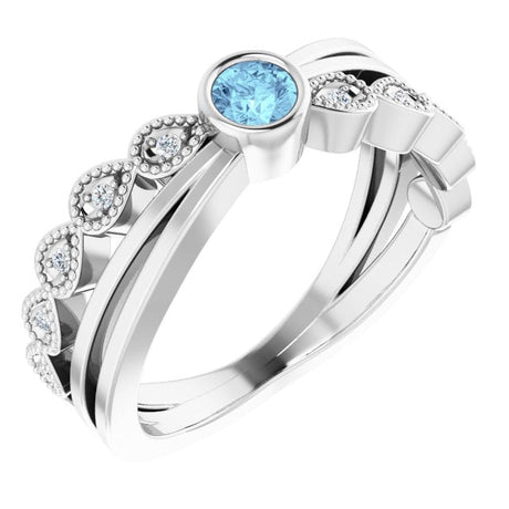 Platinum Round Natural Aquamarine Criss-Cross Bezel-Set Ring