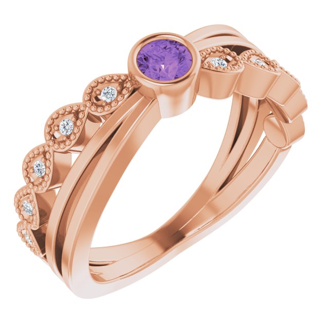 14K Gold Round Natural Amethyst Criss-Cross Bezel-Set Ring - Rose Gold