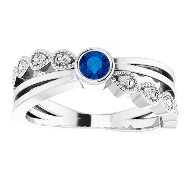 14K Gold Round Natural Blue Sapphire Criss-Cross Bezel-Set Ring - White Gold - view 3