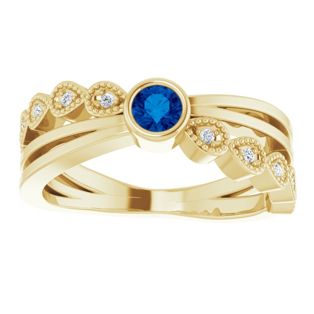 14K Gold Round Natural Blue Sapphire Criss-Cross Bezel-Set Ring - Yellow Gold - view 3