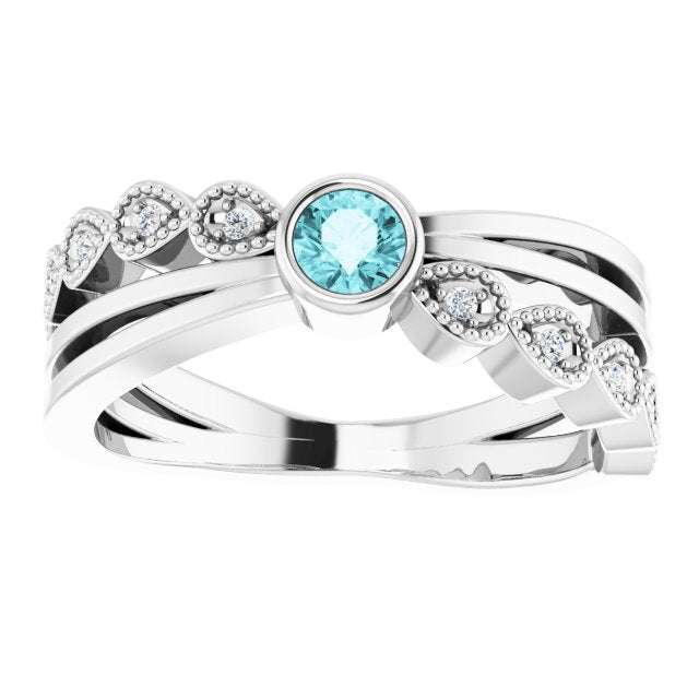 Platinum Round Natural Blue Zircon Criss-Cross Bezel-Set Ring - view 3