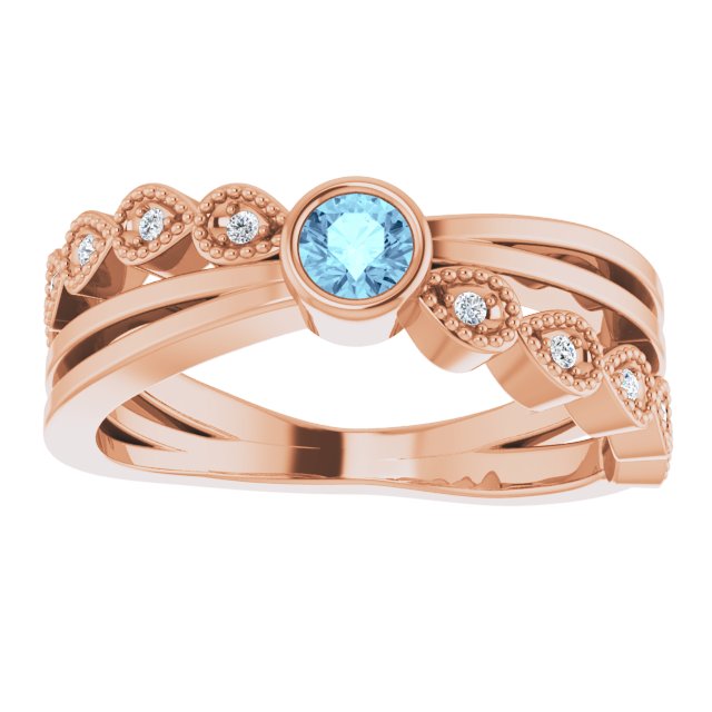 14K Gold Round Natural Aquamarine Criss-Cross Bezel-Set Ring - Rose Gold - view 3