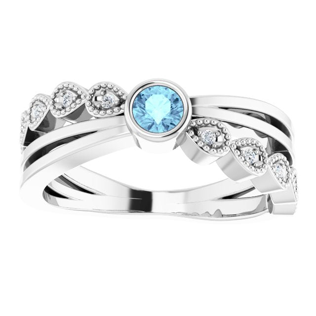 14K Gold Round Natural Aquamarine Criss-Cross Bezel-Set Ring - White Gold - view 3