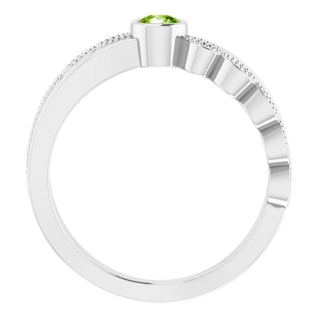 14K Gold Round Natural Peridot Criss-Cross Bezel-Set Ring - White Gold - view 2