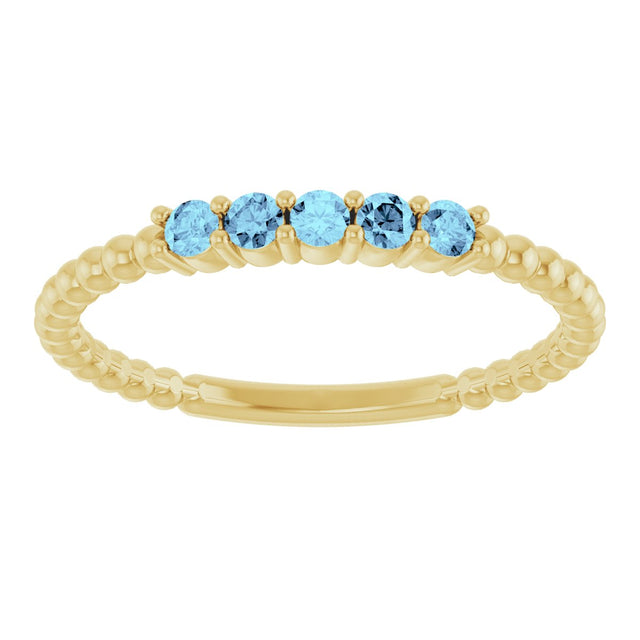 14K Gold Round Natural Aquamarine Stackable Ring – 2mm Stones - Yellow Gold - view 3