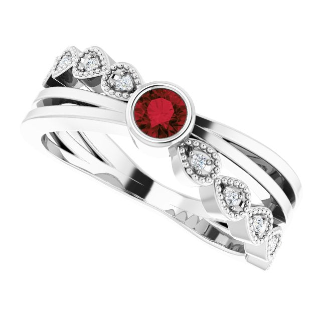 Platinum Round Natural Mozambique Garnet Criss-Cross Bezel-Set Ring - view 5