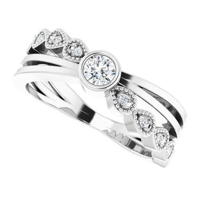 14K Gold Round Natural White Sapphire Criss-Cross Bezel-Set Ring - White Gold - view 5