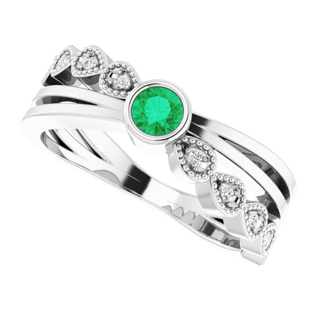 14K Gold Round Natural Emerald Criss-Cross Bezel-Set Ring - White Gold - view 5