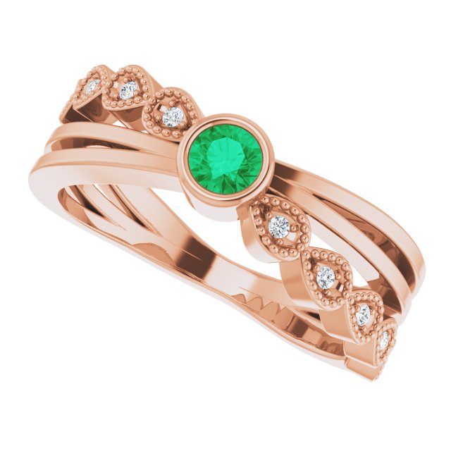 14K Gold Round Natural Emerald Criss-Cross Bezel-Set Ring - Rose Gold - view 5