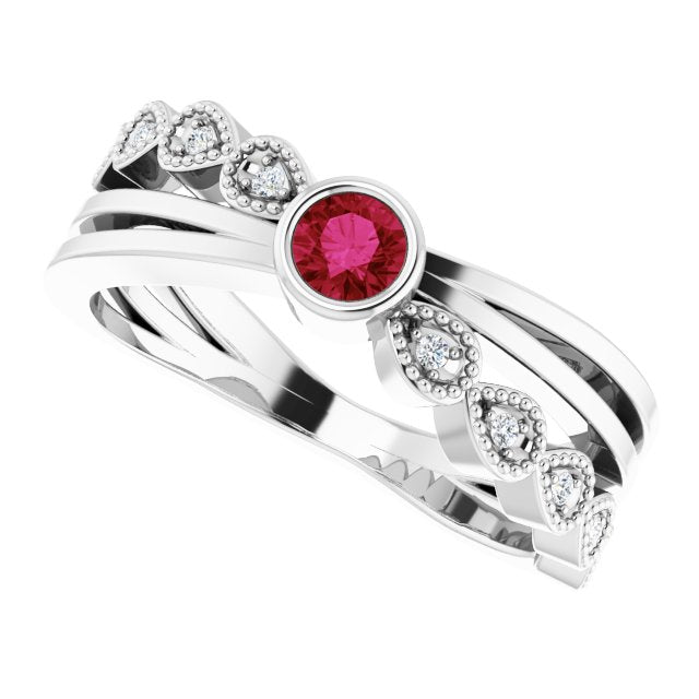 Platinum Round Natural Ruby Criss-Cross Bezel-Set Ring - view 5