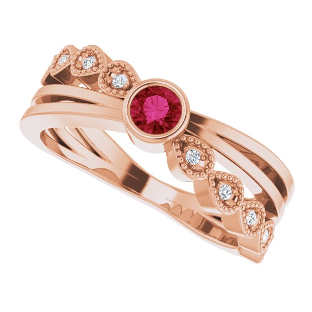 14K Gold Round Natural Ruby Criss-Cross Bezel-Set Ring - Rose Gold - view 5