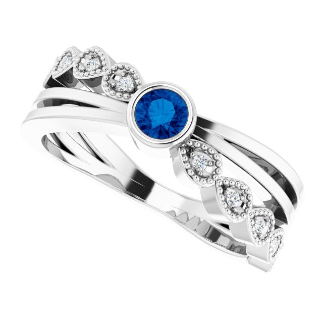 14K Gold Round Natural Blue Sapphire Criss-Cross Bezel-Set Ring - White Gold - view 5