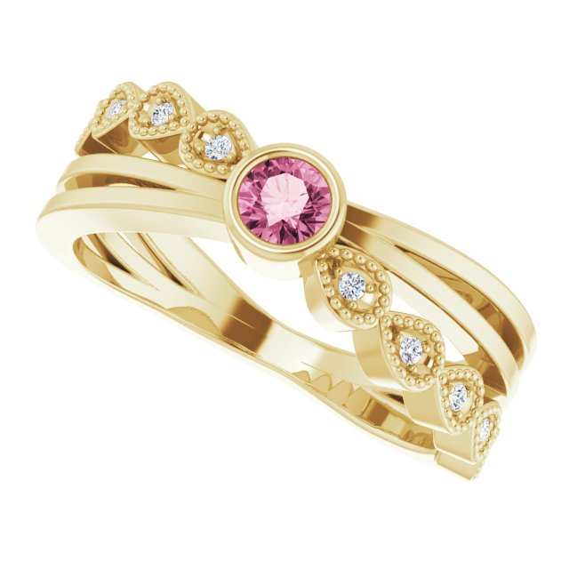 14K Gold Round Natural Pink Tourmaline Criss-Cross Bezel-Set Ring - Yellow Gold - view 5