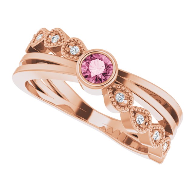 14K Gold Round Natural Pink Tourmaline Criss-Cross Bezel-Set Ring - Rose Gold - view 5