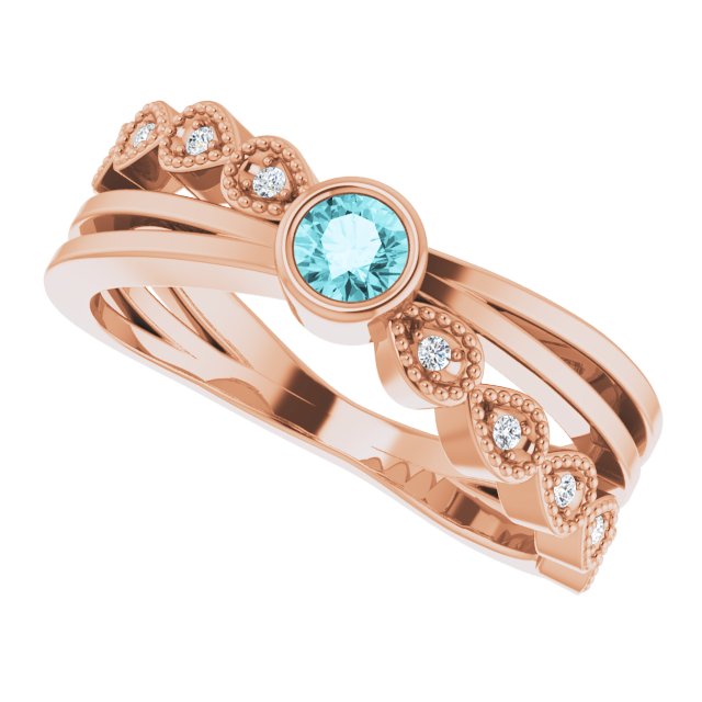 14K Gold Round Natural Blue Zircon Criss-Cross Bezel-Set Ring - Rose Gold - view 5