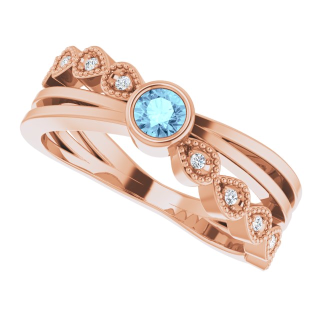 14K Gold Round Natural Aquamarine Criss-Cross Bezel-Set Ring - Rose Gold - view 5