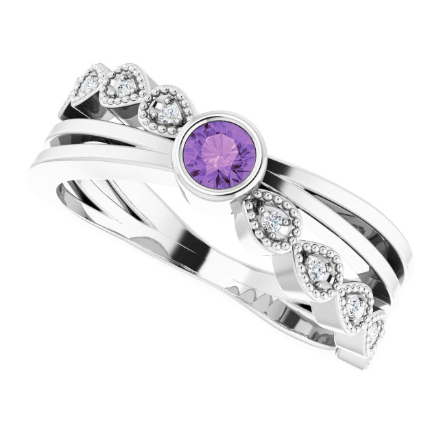 Platinum Round Natural Amethyst Criss-Cross Bezel-Set Ring - view 5