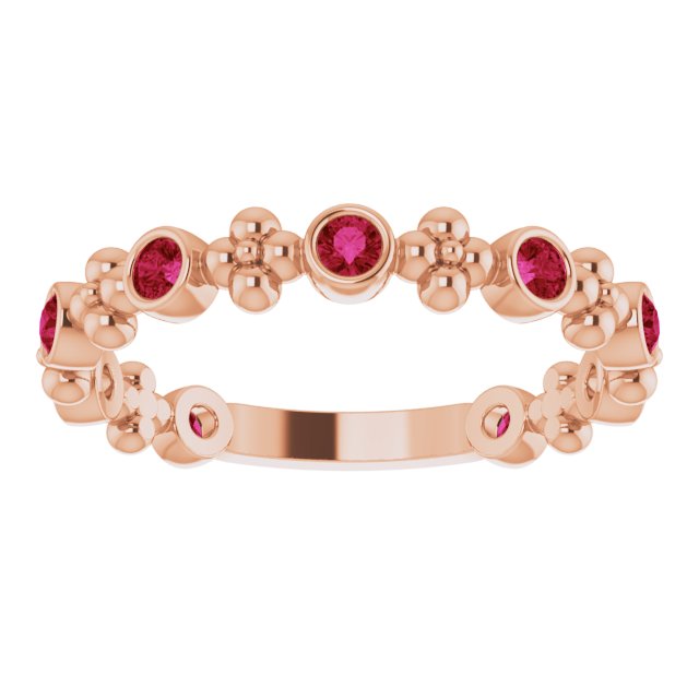 14K Gold Round Natural Ruby Beaded Ring – 2mm Stones - Rose Gold - view 3