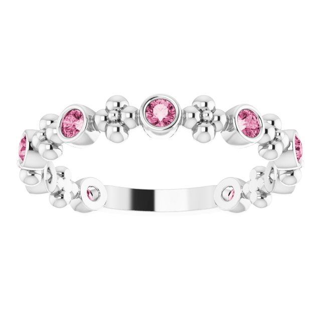 14K Gold Round Natural Pink Tourmaline Beaded Ring – 2mm Stones - White Gold - view 3