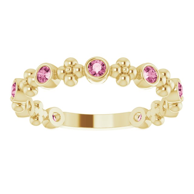 14K Gold Round Natural Pink Tourmaline Beaded Ring – 2mm Stones - Yellow Gold - view 3