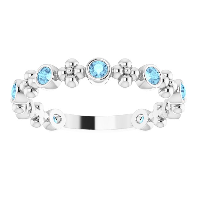 14K Gold Round Natural Aquamarine Beaded Ring – 2mm Stones - White Gold - view 3
