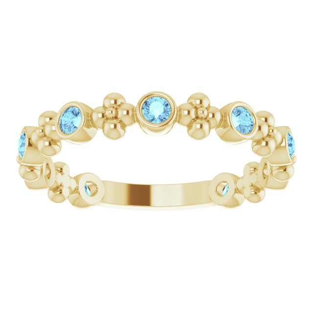 14K Gold Round Natural Aquamarine Beaded Ring – 2mm Stones - Yellow Gold - view 3