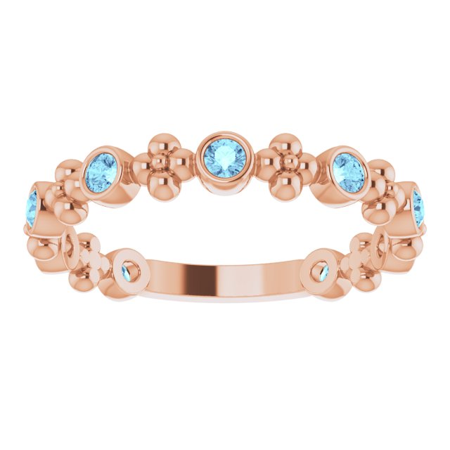 14K Gold Round Natural Aquamarine Beaded Ring – 2mm Stones - Rose Gold - view 3