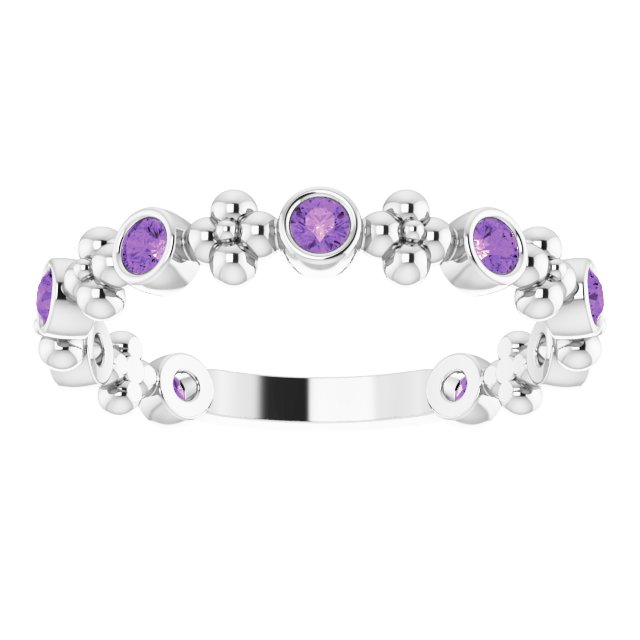 14K Gold Round Natural Amethyst Beaded Ring – 2mm Stones - White Gold - view 3