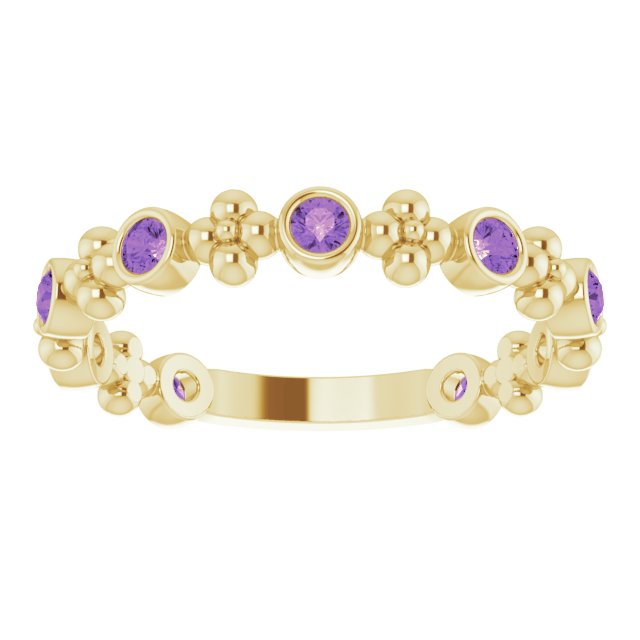 14K Gold Round Natural Amethyst Beaded Ring – 2mm Stones - Yellow Gold - view 3