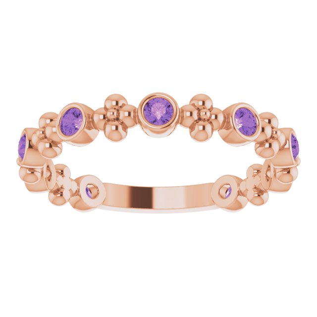 14K Gold Round Natural Amethyst Beaded Ring – 2mm Stones - Rose Gold - view 3