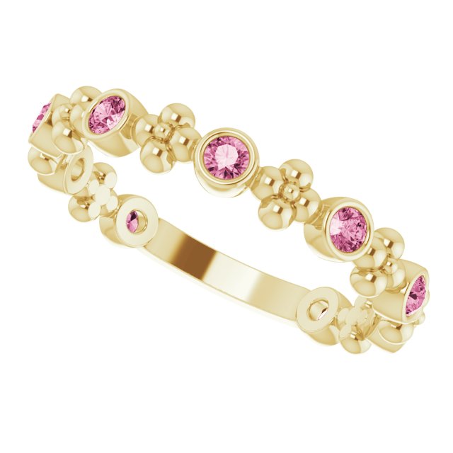 14K Gold Round Natural Pink Tourmaline Beaded Ring – 2mm Stones - Yellow Gold - view 5