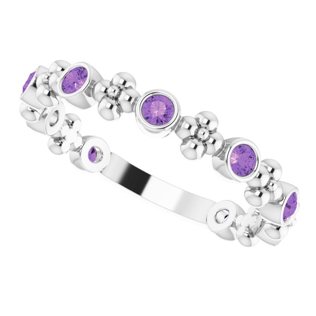 14K Gold Round Natural Amethyst Beaded Ring – 2mm Stones - White Gold - view 5