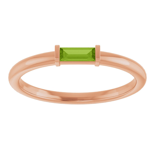 14K Gold Natural Peridot Birthstone Stackable Ring – 4x2 mm Straight Baguette - Rose Gold - view 8