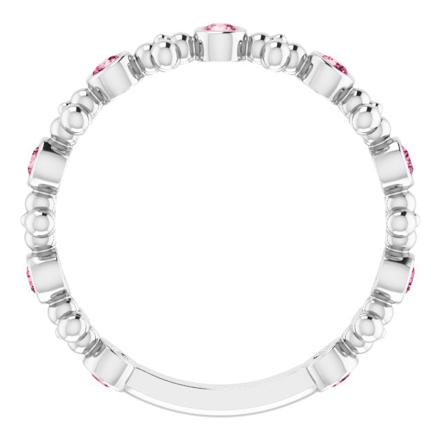 14K Gold Round Natural Pink Tourmaline Beaded Ring – 2mm Stones - White Gold - view 2