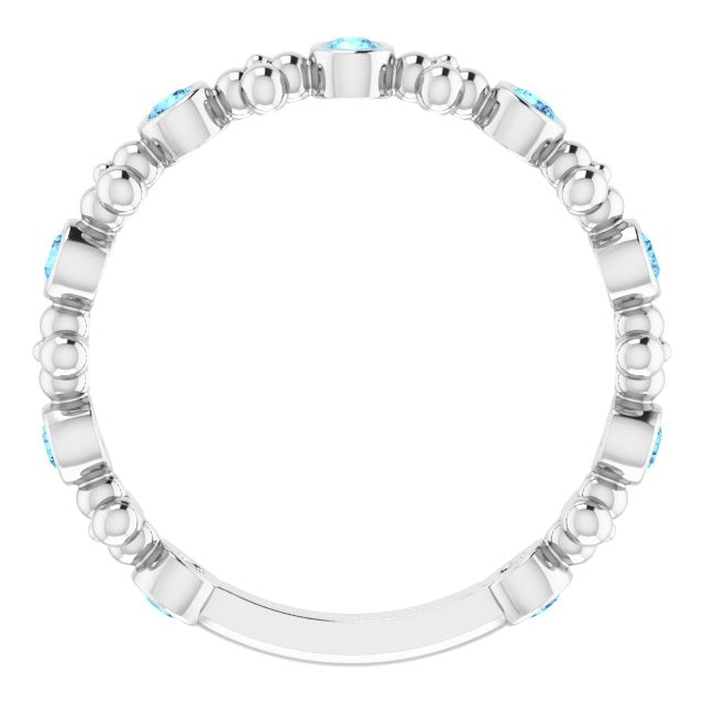 14K Gold Round Natural Aquamarine Beaded Ring – 2mm Stones - White Gold - view 2