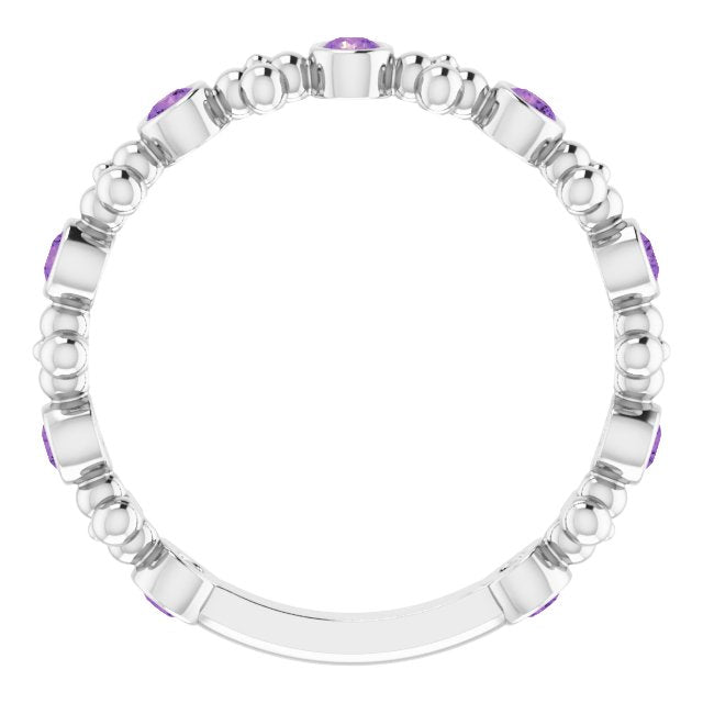 14K Gold Round Natural Amethyst Beaded Ring – 2mm Stones - White Gold - view 2