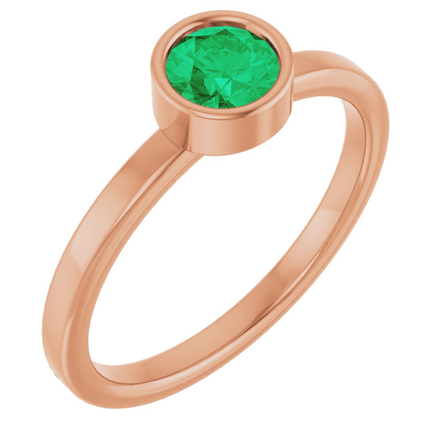 14K Gold Round Lab-Grown Emerald Bezel-Set Solitaire Ring - Rose Gold