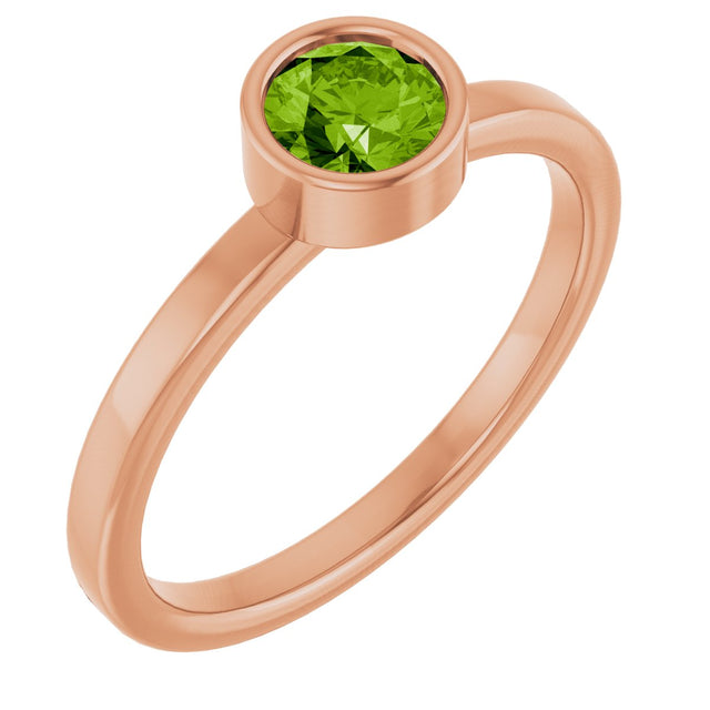 14K Gold Round Natural Peridot Bezel-Set Solitaire Ring - Rose Gold