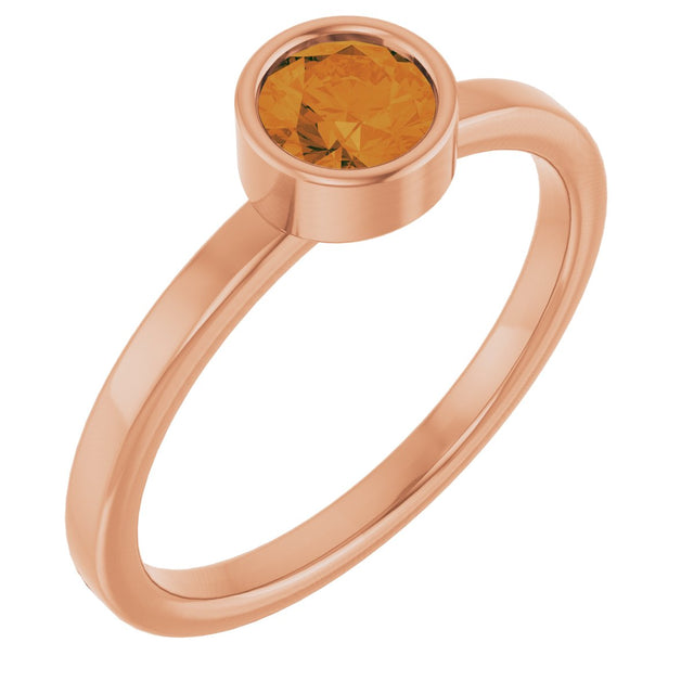 14K Gold Round Natural Citrine Bezel-Set Solitaire Ring - Rose Gold