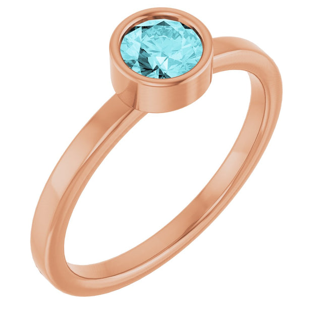 14K Gold Round Natural Blue Zircon Bezel-Set Solitaire Ring - Rose Gold