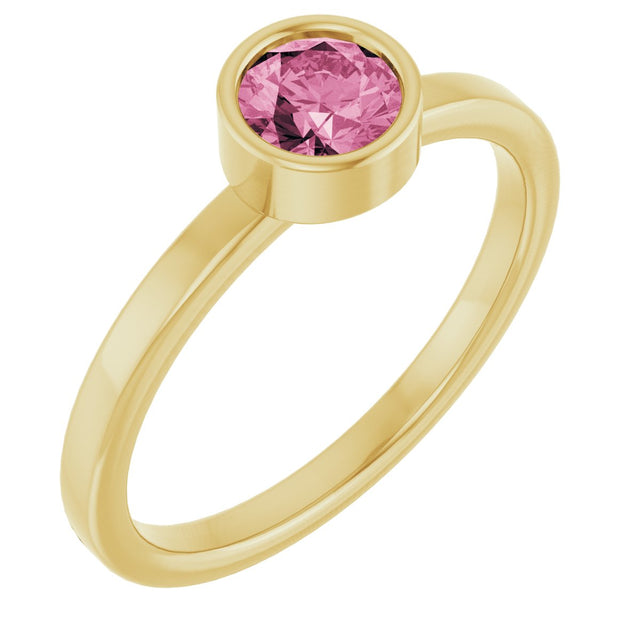 14K Gold Round Natural Pink Tourmaline Bezel-Set Solitaire Ring - Yellow Gold
