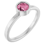 Platinum Round Natural Pink Tourmaline Bezel-Set Solitaire Ring