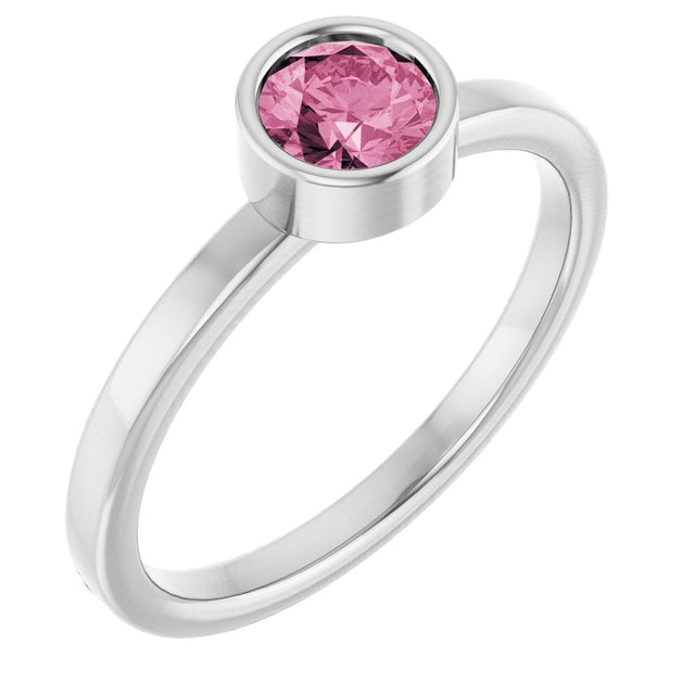 14K Gold Round Natural Pink Tourmaline Bezel-Set Solitaire Ring - White Gold