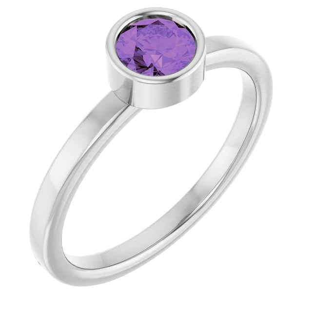 14K Gold Round Natural Amethyst Bezel-Set Solitaire Ring - White Gold