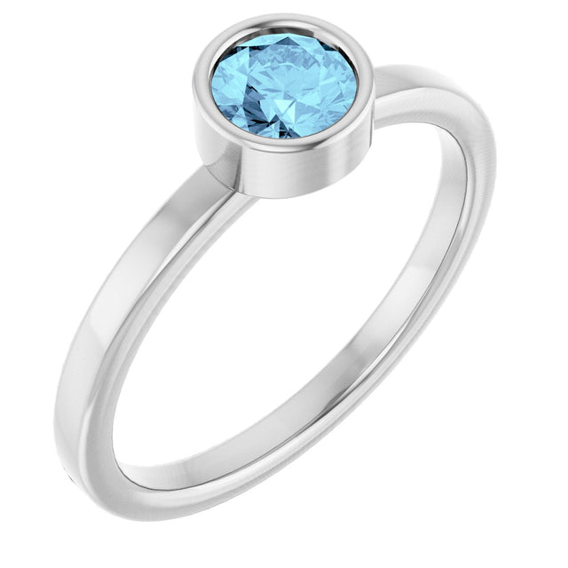 Platinum Round Natural Aquamarine Bezel-Set Solitaire Ring