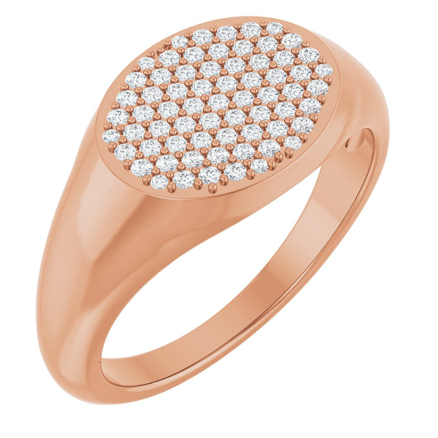 14K Gold Round Natural Diamond Pave'-Style Cluster Signet Ring - Rose Gold