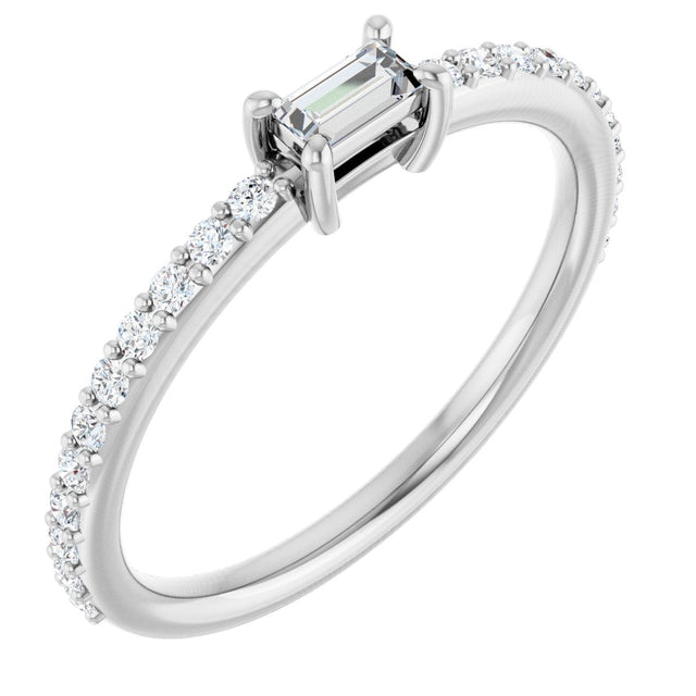 14K Gold Straight Baguette Natural Diamond Accented Stackable Ring - White Gold