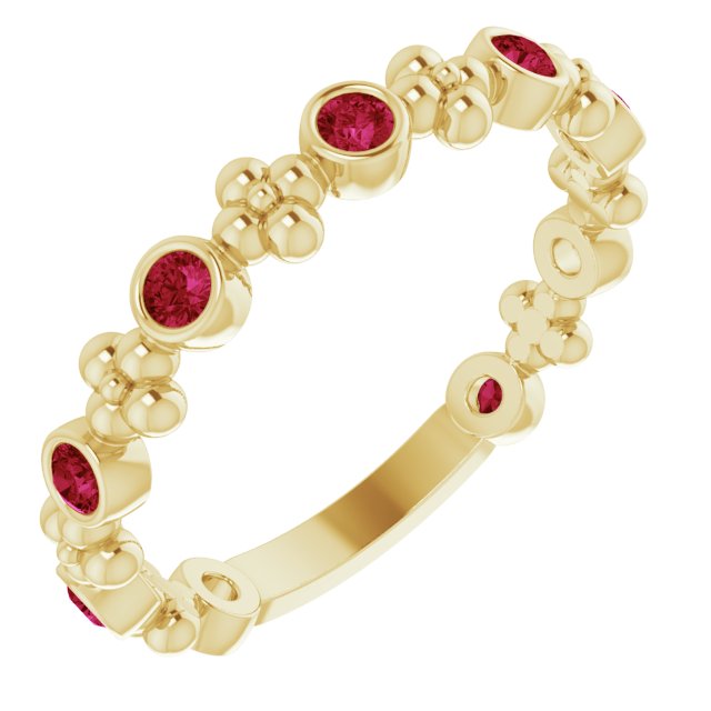 14K Gold Round Lab-Grown Ruby Beaded Ring – 2mm Stones - Yellow Gold