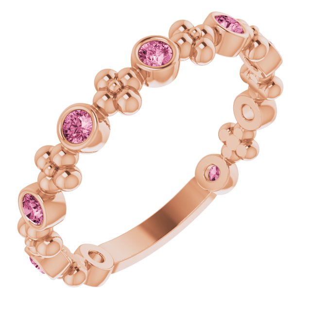 14K Gold Round Natural Pink Tourmaline Beaded Ring – 2mm Stones - Rose Gold