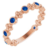 14K Gold Round Natural Blue Sapphire Beaded Ring – 2mm Stones - Rose Gold